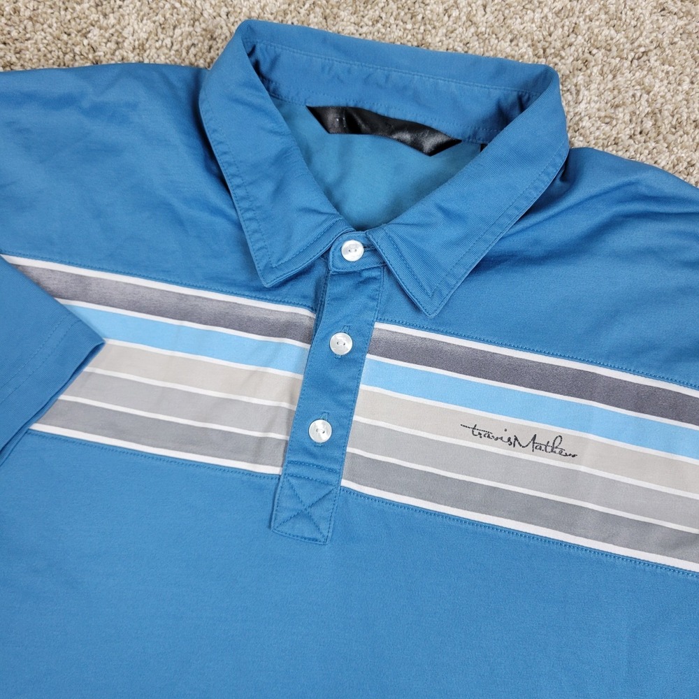 Travis Mathew Mens XL Blue Chest Stripe Performance Stretch Golf Polo SS